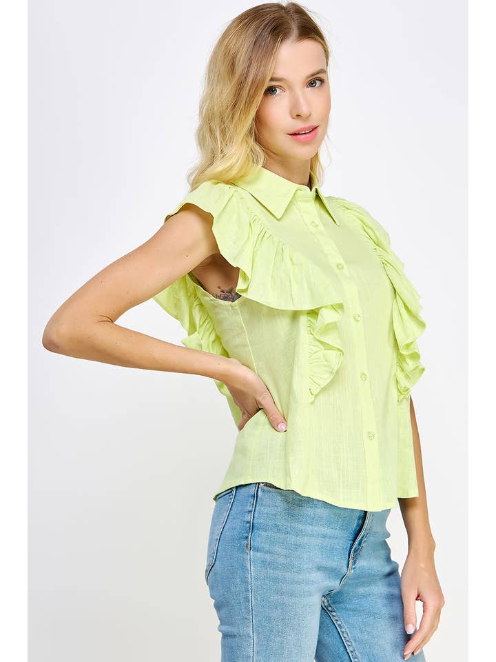 Strut & Bolt - Venta al por mayor Camisa con botones - Mujer - Blusa de lino sin mangas con volantes en los hombros10