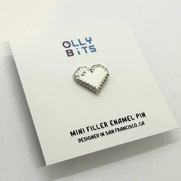 White (Silver) Pixel Heart Mini Filler Enamel Pin for wholesale by Ollybits Pixel Art