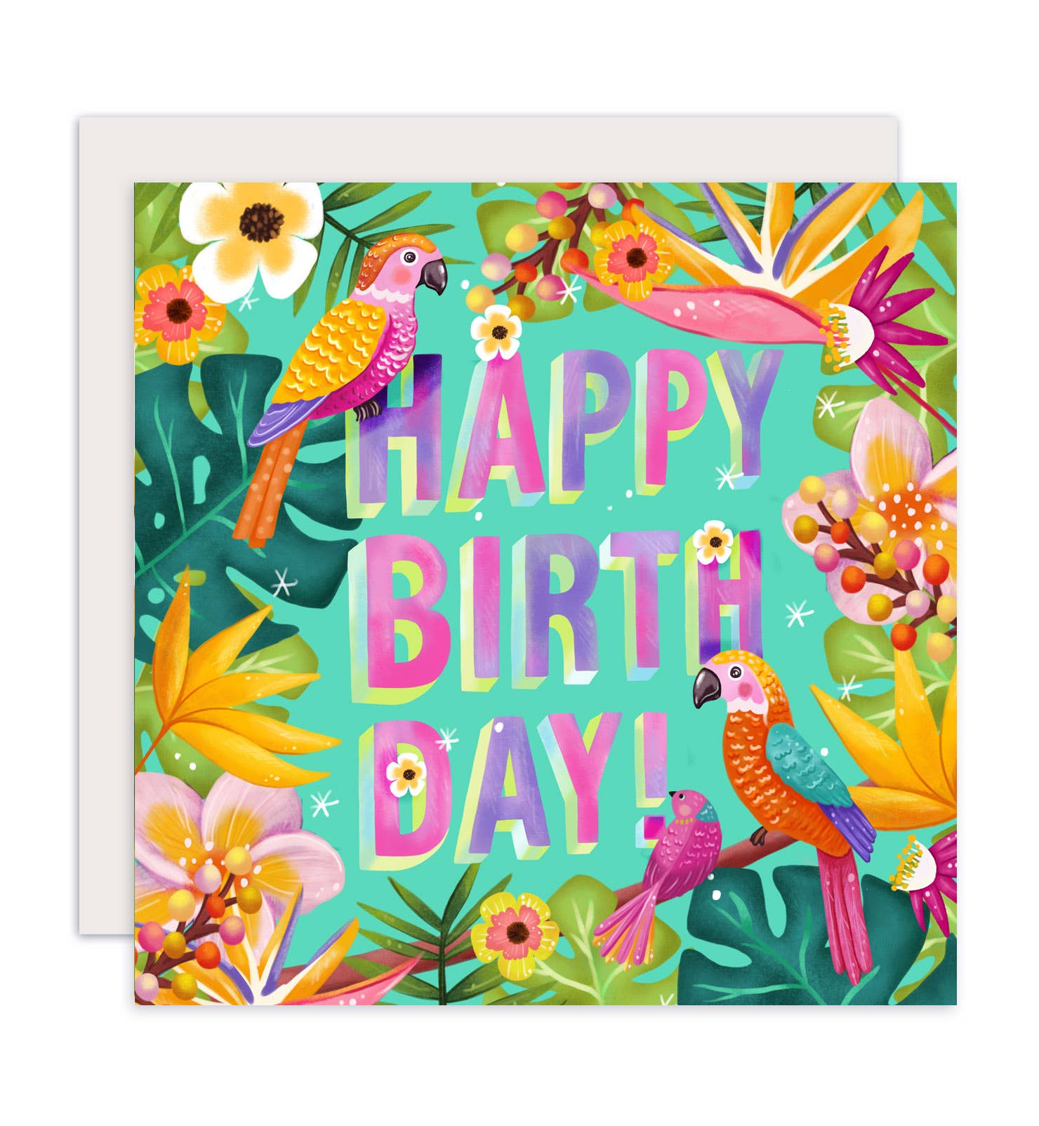 Aniet Illustration - Wholesale Birthday Card - Happy tropical birds birthday card with flowers 0