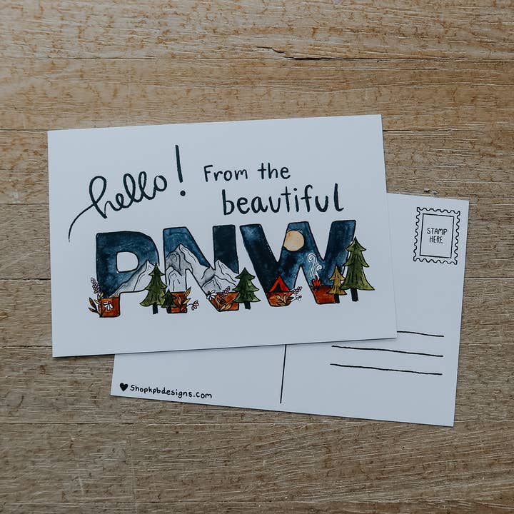Hello from the Beautiful PNW Postcard for wholesale by Sticker Girl