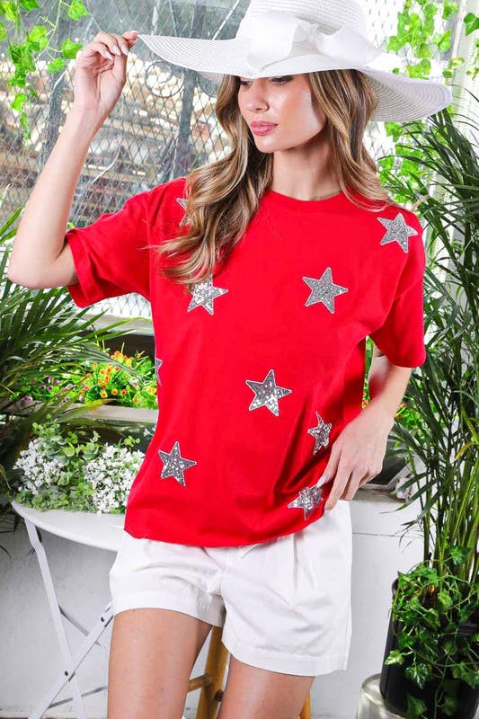 Vine & Love - Wholesale Knit Top - Women's - Star Sequin Crew Neck 100%Cotton Knit Top VT8161711