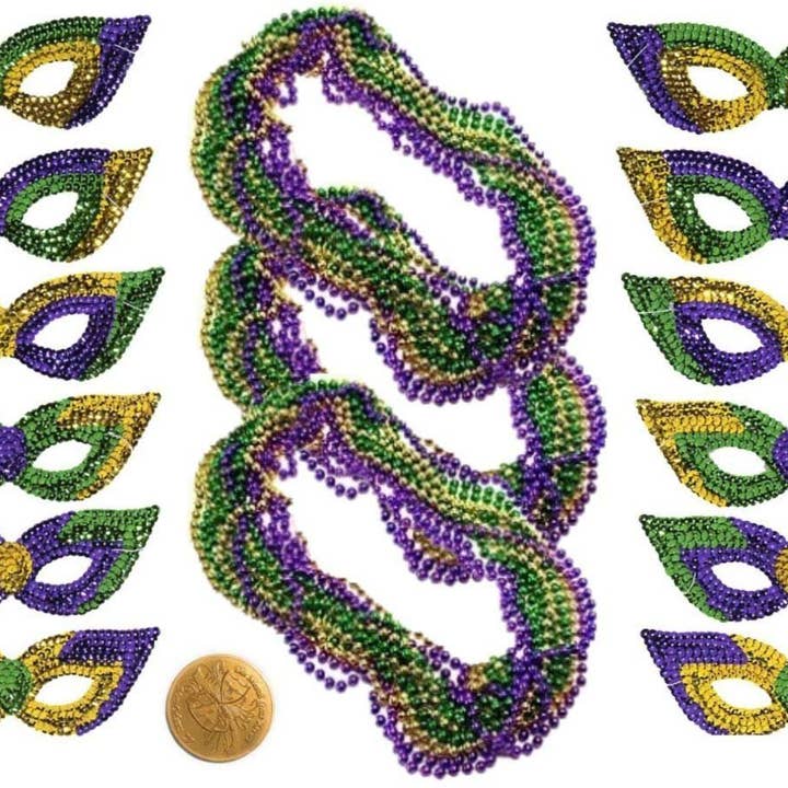 Mardi Gras Sequin Masks & Beads - 12 Face Masks, 36 Necklaces with Doubloon for wholesale by The Mardi Gras Krewe
