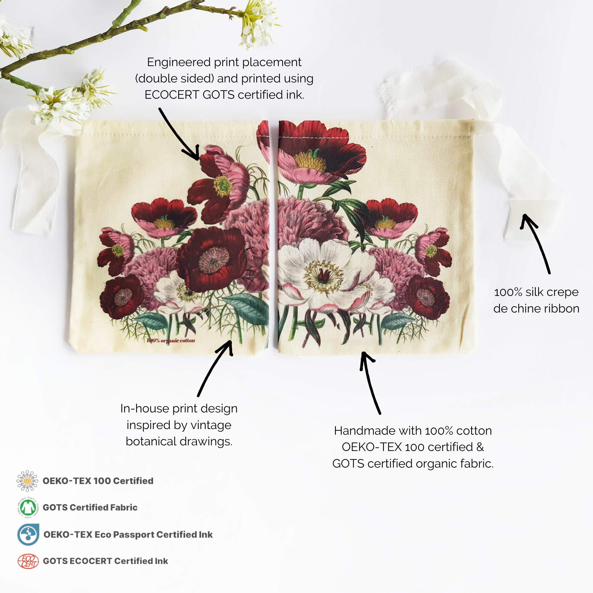 Six Acre Meadow - Venta al por mayor Bolsas de celofán - Bolsas de regalo con estampado de peonías en algodón orgánico y lazo de seda7