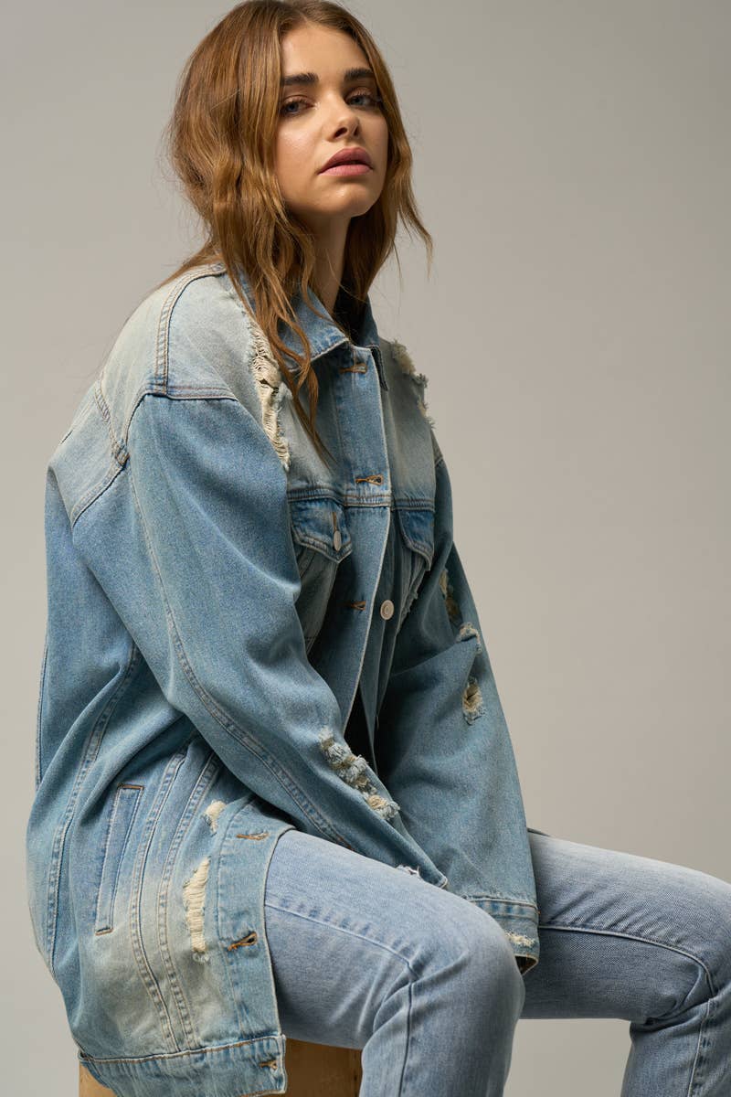 LIGTH Plus Flap Pockets Ripped Washed Denim Jacket for wholesale on Faire3