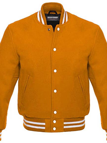 Melton Wool Varsity Jacket Letterman Jacket, Gold for wholesale by Kicky Imports LLC