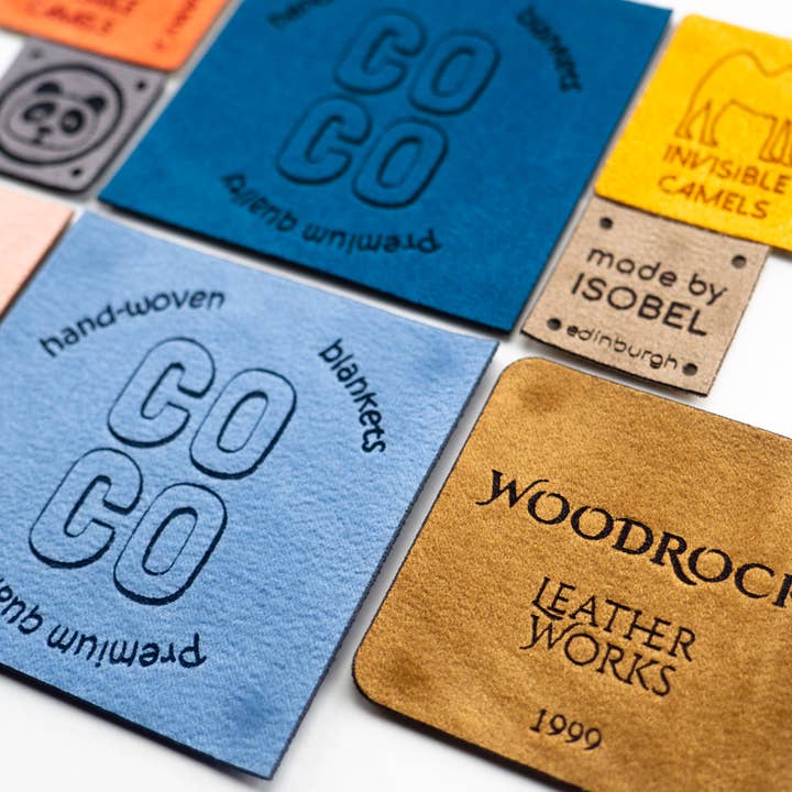 Custom Square Faux Suede Labels for Branding and Promo for wholesale by minimize custom tags