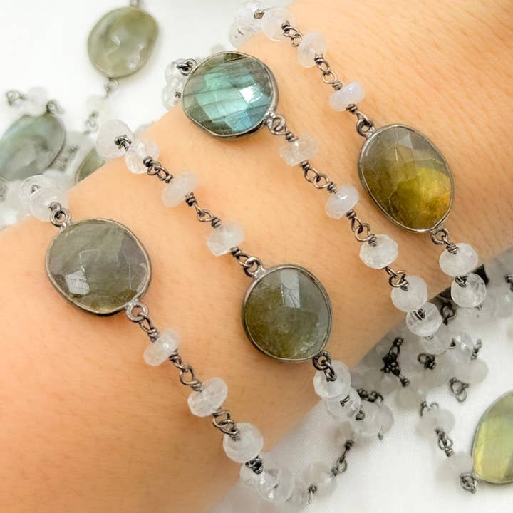 Tresor Jewelry Inc. - Wholesale Beaded/Pearl Necklace - Rondel Moonstone & Coin Labradorite Oxidized 925 Sterling Silver Wire Chain. MS73