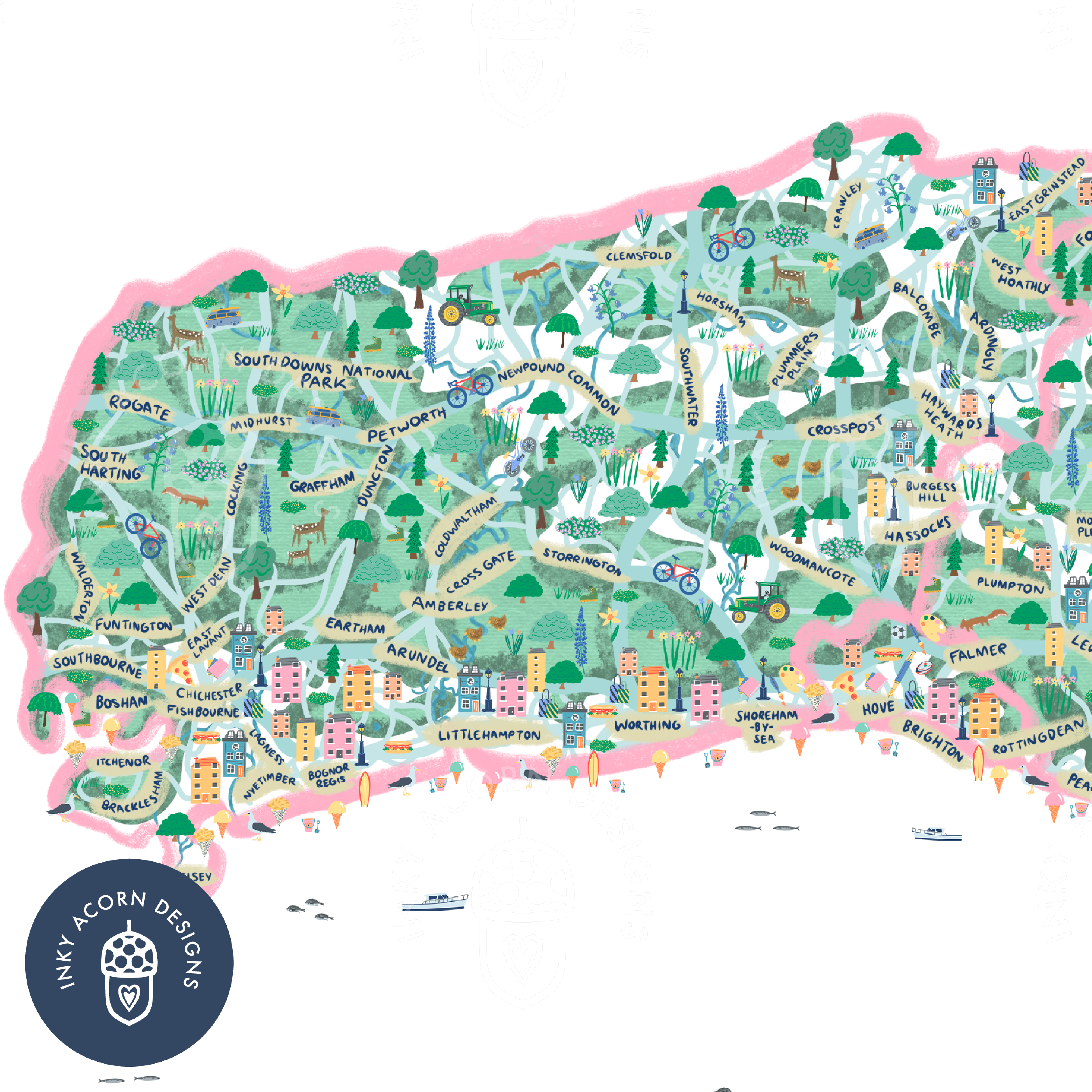 Inky Acorn Designs - Wholesale Art Print - Sussex Illustrated Map Signed Art Print2