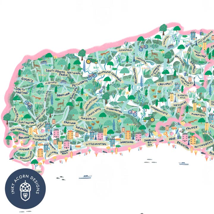 Inky Acorn Designs - Wholesale Art Print - Sussex Illustrated Map Signed Art Print2