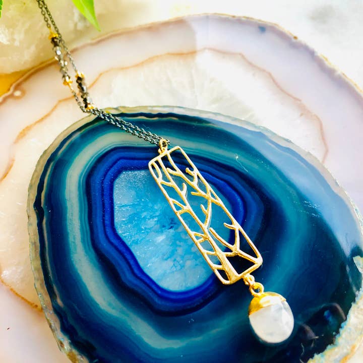 Framed Vines with Moonstone for wholesale by Howling Dog Artisan Jewellery