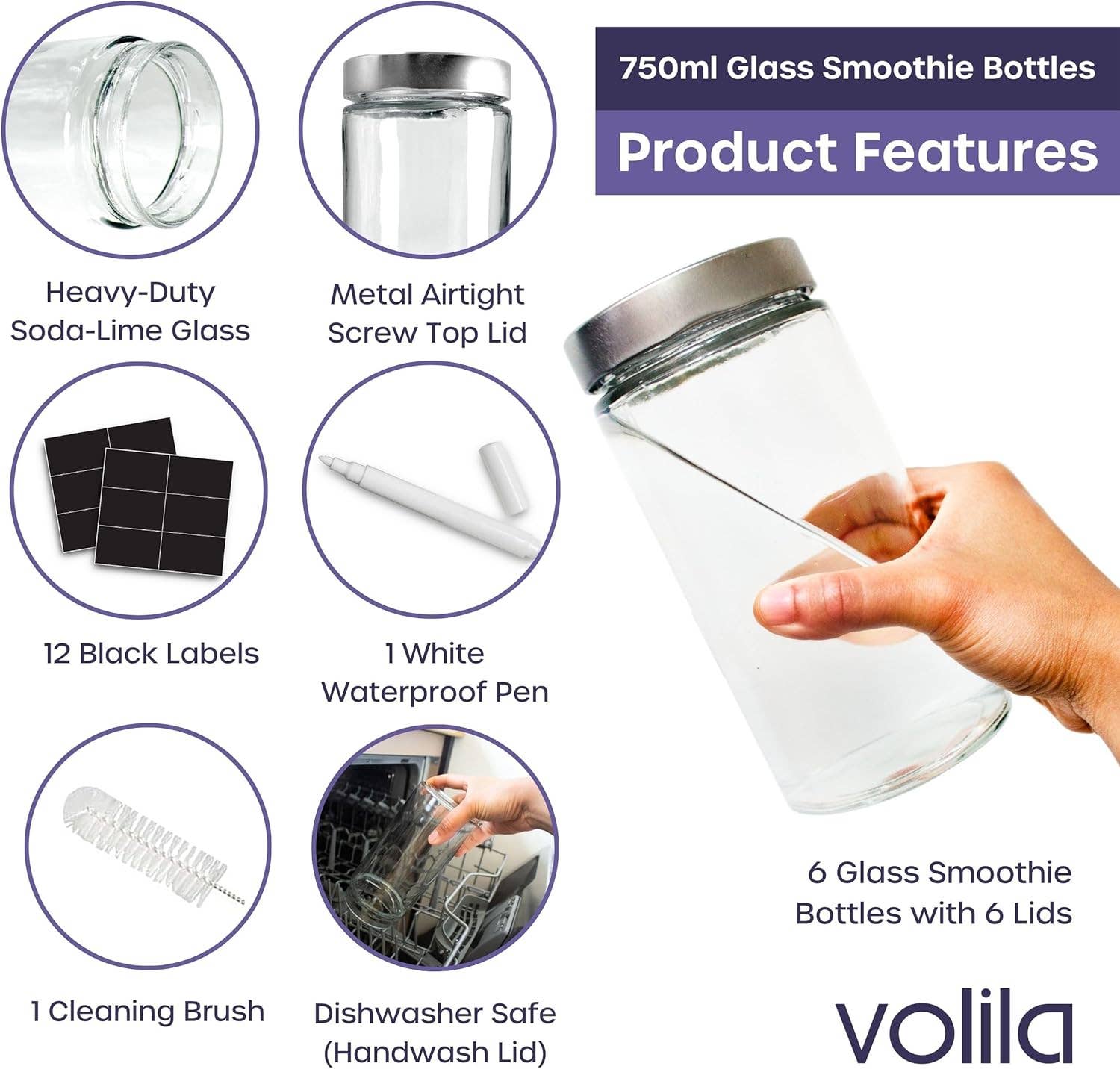 Jara Trading – wholesale Jar – Glass Mason Jars with Lids 750ml - 6 Pack, Leakproof Glass Bottles with Lids for Airtight Seal, Drinking Bottle Ideal for Smoothies, Milkshakes, Sauces, Food Storage, Juices, Beverages, Infused Water2