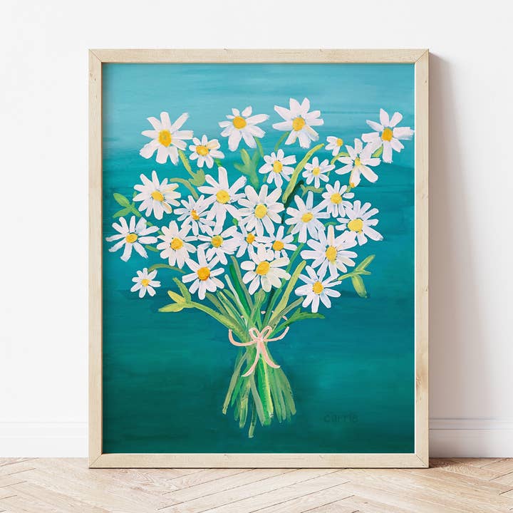 BrightKind Creative - Wholesale Art Print - Floral - Teal with White Daisies Art Print0