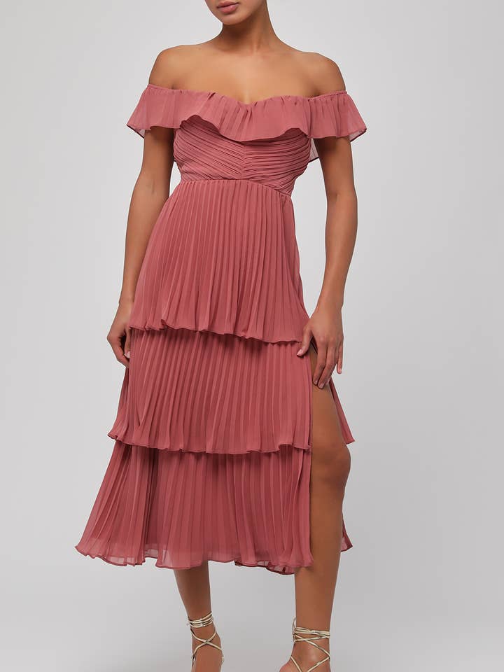 Mila Off The Shoulder Pleated Chiffon Midi Dress for wholesale by Lulus