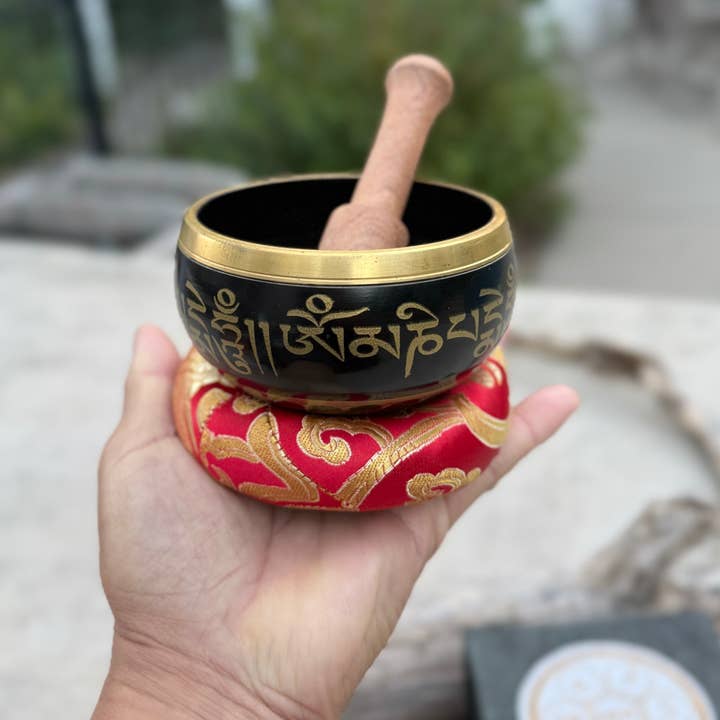 Lungta Imports - Wholesale Meditation Supplies - Tibetan Complete Singing Bowl Gift Box Set with OM Mani Padme Hum Etched Bowl5