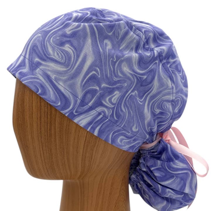 SewingLabPlus - Wholesale Healthcare Uniform - Women's - Purple Marble Scrub Cap Pony Tail Scrub Hat Ribbon Tie 3