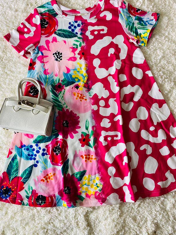 XCH0020-3H Floral & Leopard prints short sleeve girls dress for wholesale by luluclothes