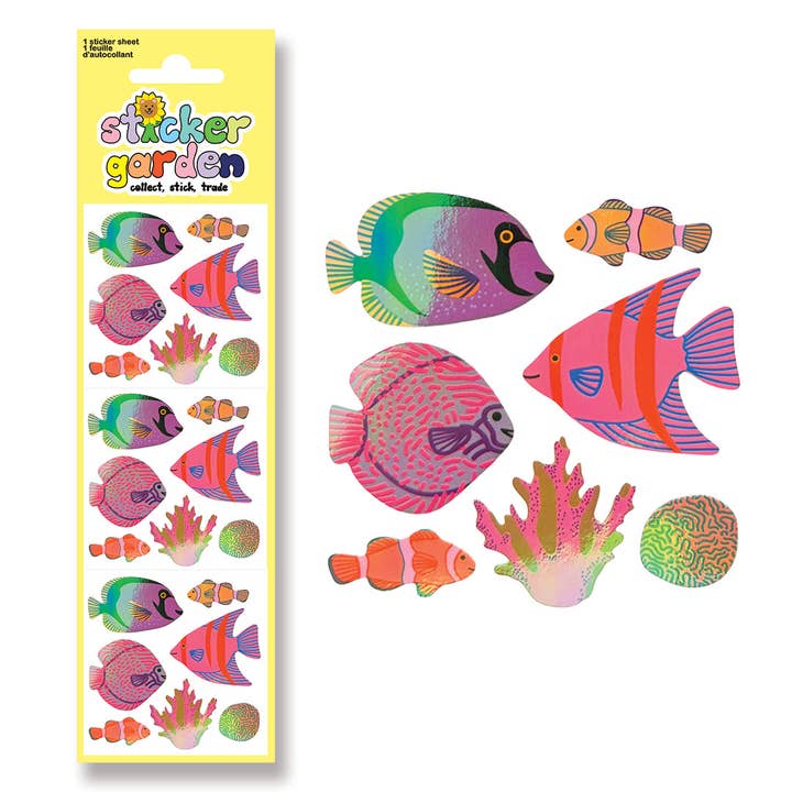 Autocollants pour enfants avec poissons tropicaux colorés et bijoux pour la vente par Sticker Garden