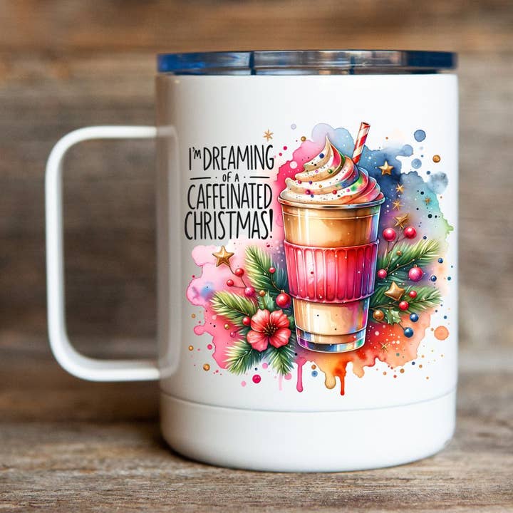 Christmas 12oz Travel Coffee Mug for wholesale by Stencil Art Canada