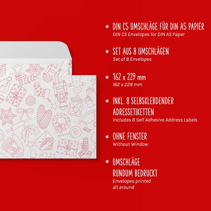 My Pretty Circus - Wholesale Envelopes - Envelopes "Christmas Doodles" - Set of 8 in DIN C52