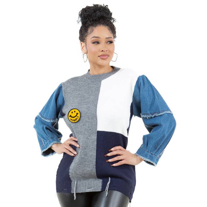 Sweat-shirt en maille avec manches en denim et patch sourire en blocs de couleur YT9008 pour la vente par Yellow Cabbage