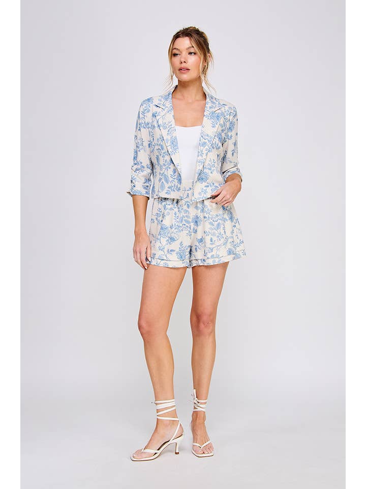 Blue Blossom Printed linen blend open crop blazer for wholesale on Faire