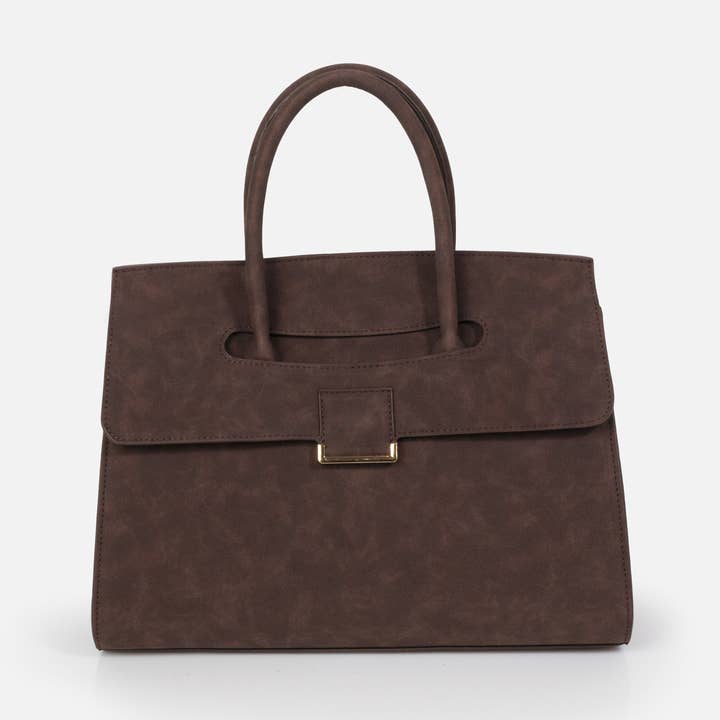 BG253B025BU - Dark brown suede effect handbag for wholesale by Bizou