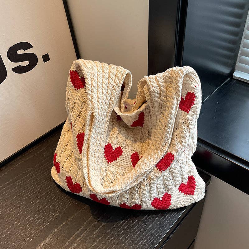Sweetkama - Wholesale Tote Bag - Women's - Ladies Knit Heart Shpaed One Shoulder Tote Bag SKAB41093