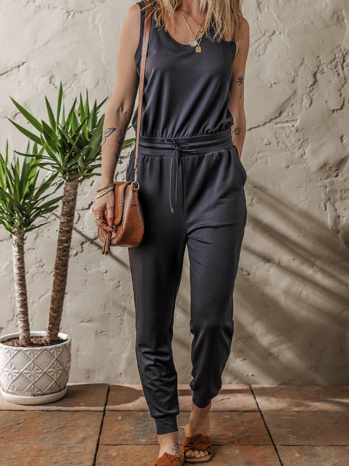 Solid Tie Waist Jogger Jumpsuit for wholesale by LALA LOO