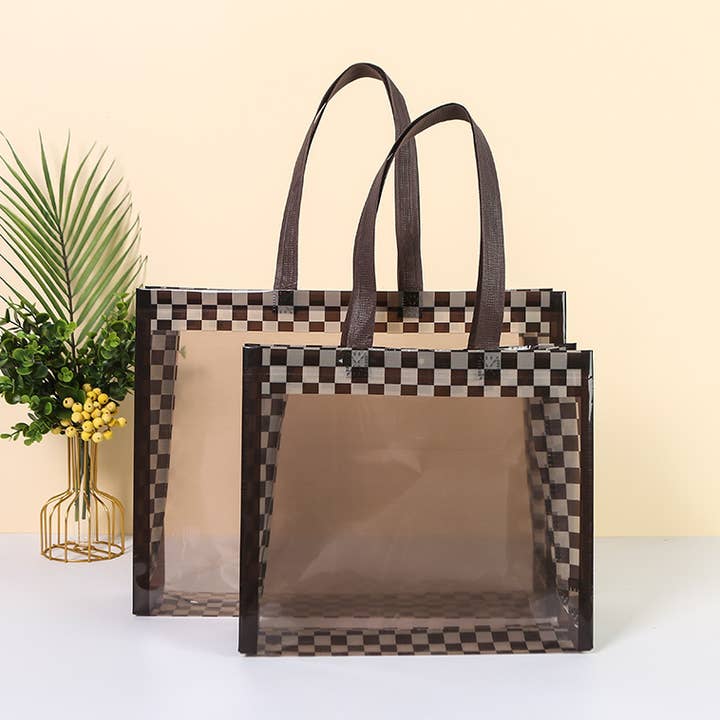 50pc, 2 size Brown checkered transparent window PVC gift bag for wholesale by ByHome