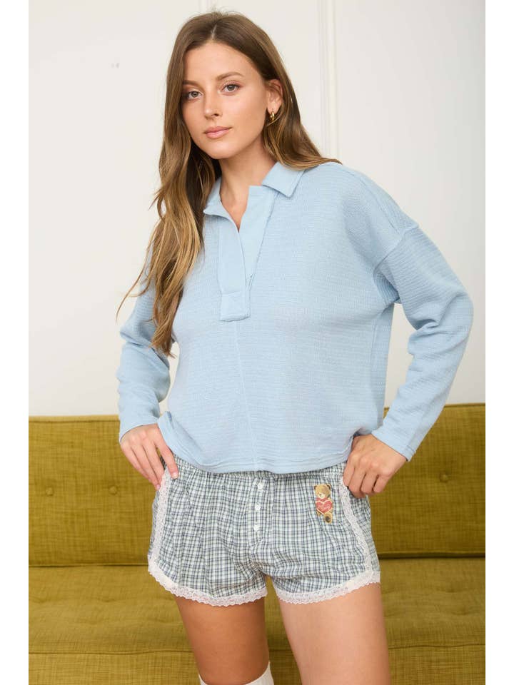 J.O.A - Wholesale Knit Top - Women's - EXPOSED SEAM LONG SLEEVE TEXTURED KNIT POLO12