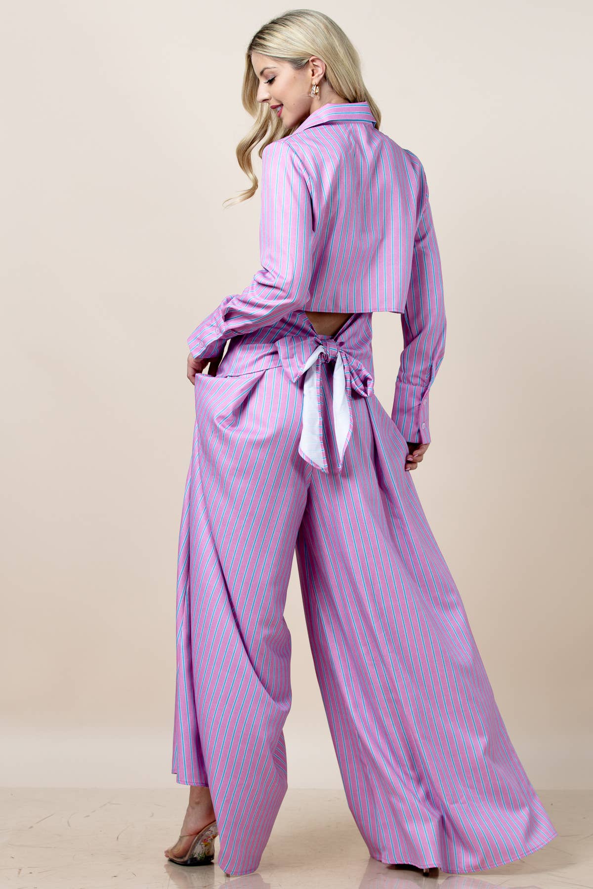 Imprimir T1623-5581-Camisas con cuello de rayas y lazo trasero Solace de venta al por mayor en Faire7