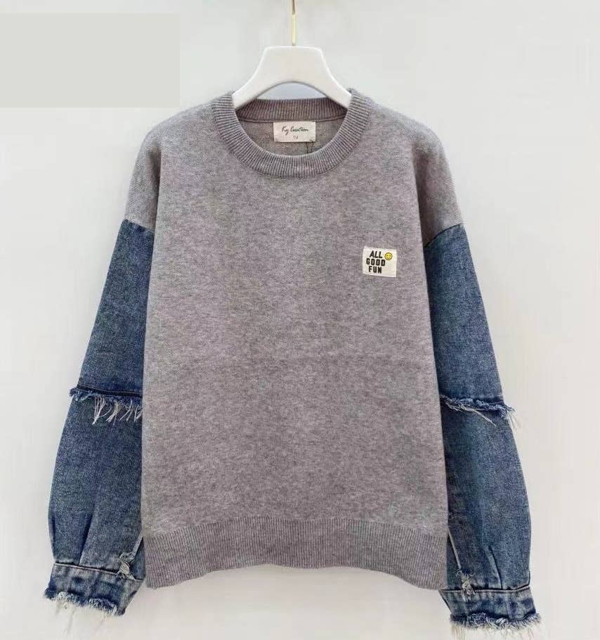 KY CREATION PARIS - Wholesale Knit Sweater - Women's - Sweater with denim sleeves and embroidered patch0
