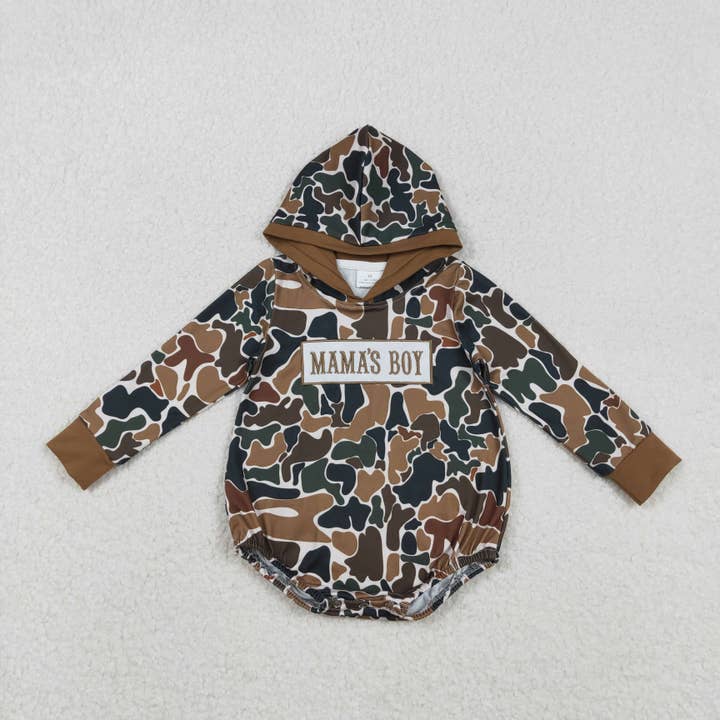 Embroidery Mama's Boy Baby Boys Dark Brown Camo Hoodie Rompers for wholesale by Aier Wholesale