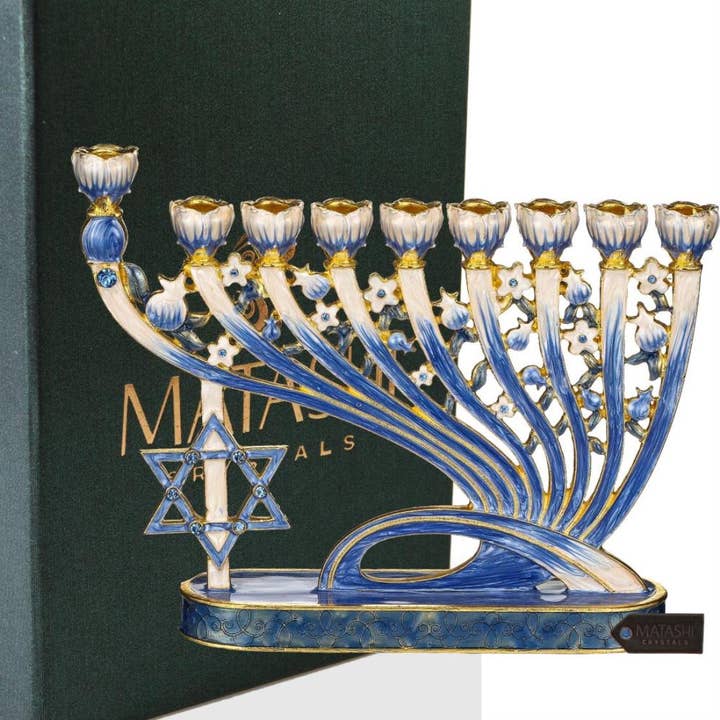 Menorah Hand Painted Blue Enamel Candelabra by Matashi for wholesale by Matashi