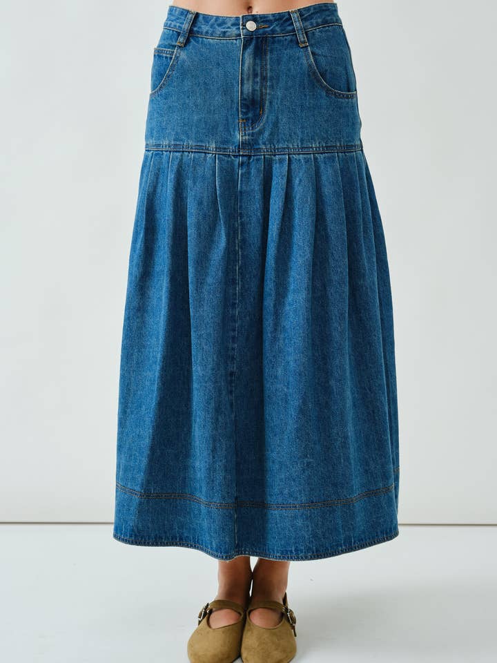 AJS5040 PLISSERAD BASQUE-MIDJA DENIM MIDIKJOL för wholesale av Aaron & Amber