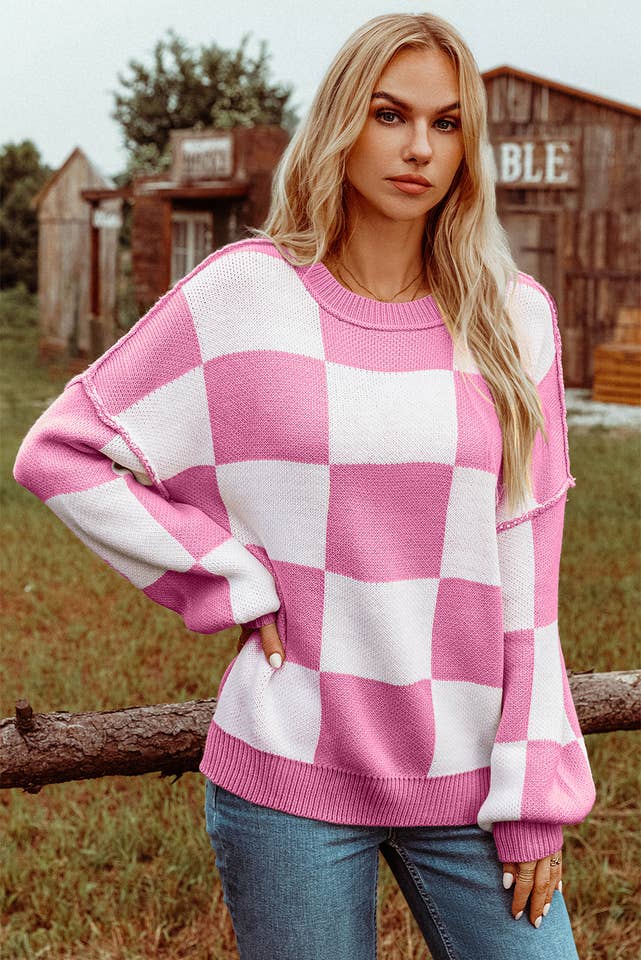 fashionworks - Wholesale Knit Sweater - Women's - Fashion-W Checkered Bishop Sleeve Sweater*S-2XL25
