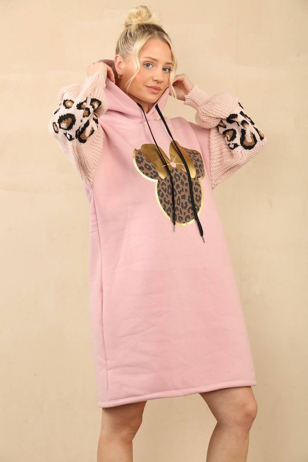 Robe sweat-shirt à capuche Leopard Minnie à manches tricotées en