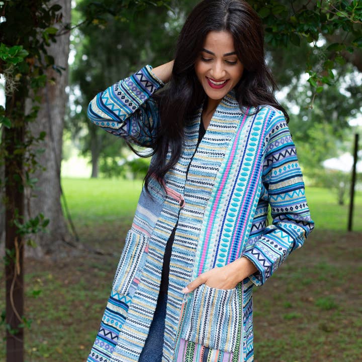 Sacred Threads - Wholesale Jacket - Women's - Blue Batik Patchwork Cotton Cardigan Jacket
