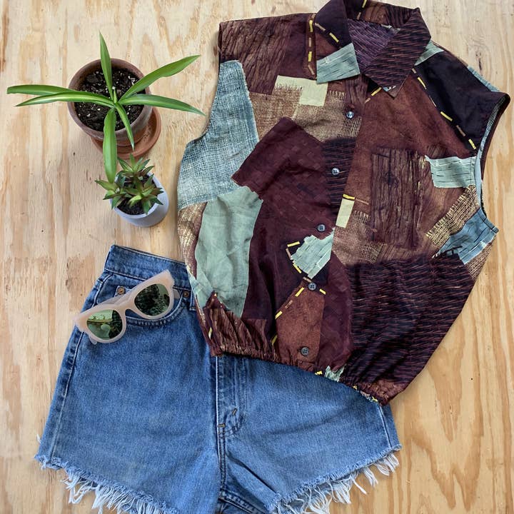 Sun's Out! - Wholesale Button Down Shirt - Women's - Reworked Vintage Sleeveless Button Up Blouse - Cinched
