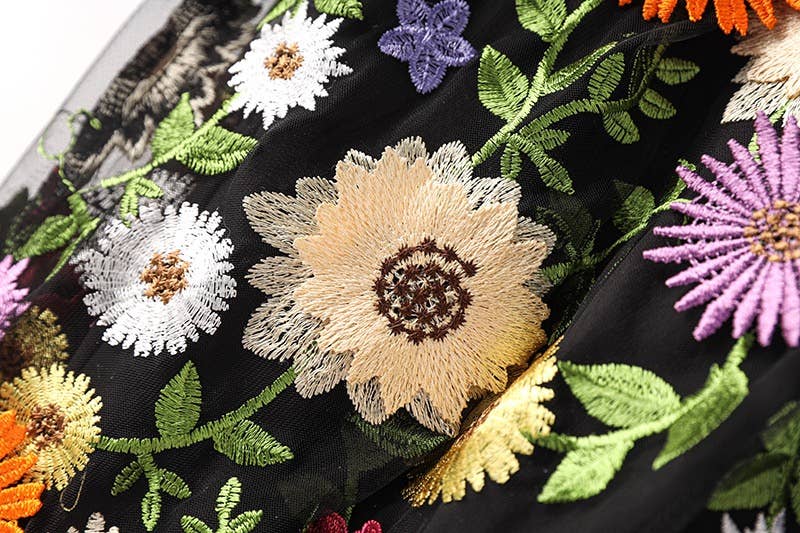 Black SK016 Fresh Daisy & Sunflower Lace High Waist Skirt for wholesale on Faire6