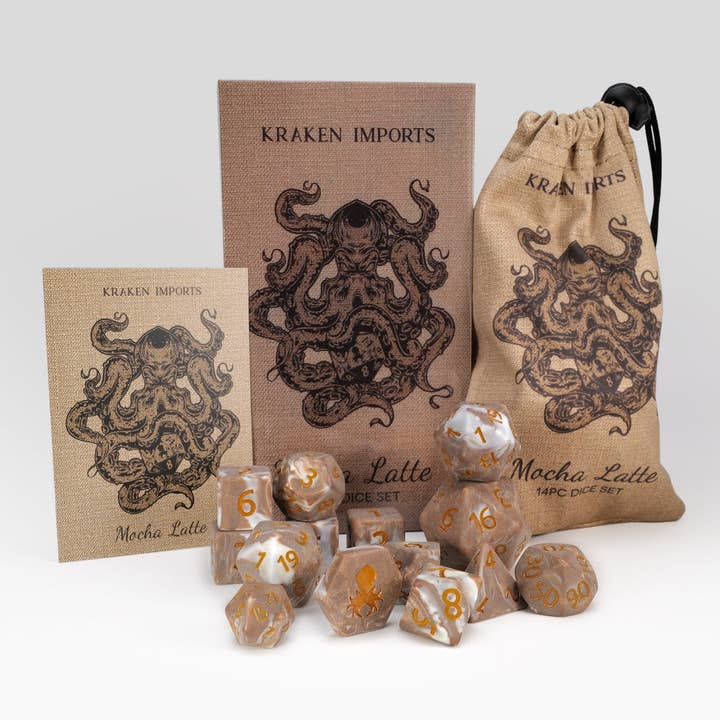 Mocha Latte 14pc Matte Dice Set Inked in Caramel for wholesale by Kraken Dice