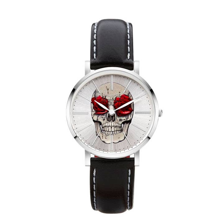 Art Series Skull & Rose Ultra Slim 34mm Silver | Black Watch for wholesale by Rose & Coy Watches