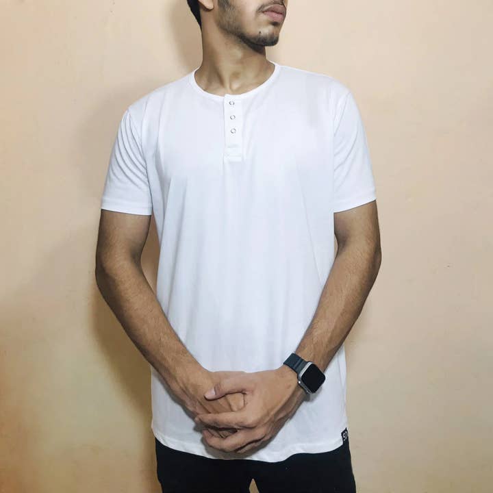 Men’s Cotton White Round Neck Henley T-shirt – White for wholesale by Styleinoutfit