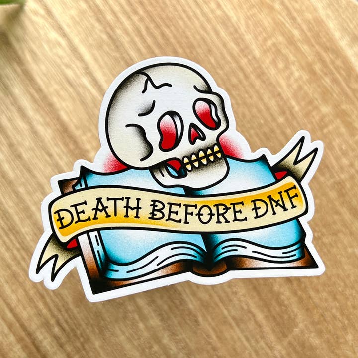 Death Before DNF Book, Matte Vinyl Sticker for wholesale by Mourning Breath Shoppe