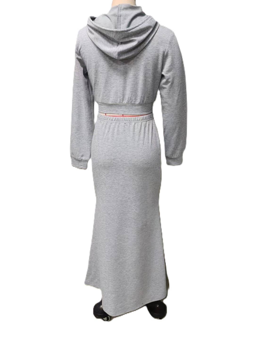 Grey Stylish Hooded Sweatshirt With Hip Maxi Skirt Two-Piece Set for wholesale on Faire1