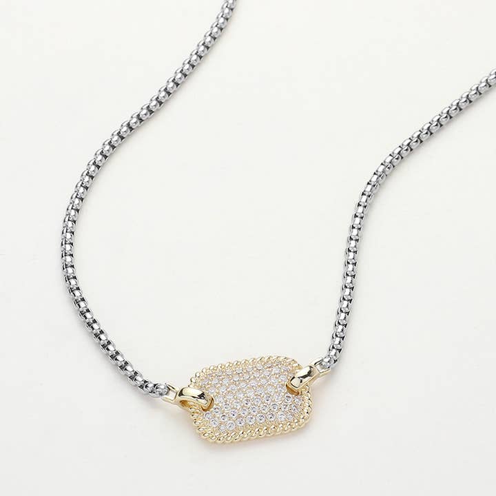 14K Gold Plated CZ Paved Rectangle Plate Pendant Necklace for wholesale by Sensibling Corp.