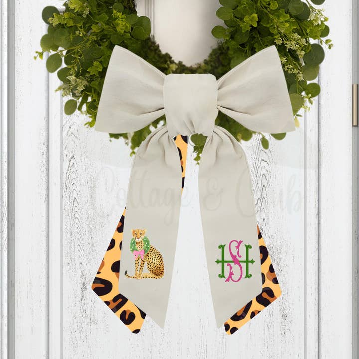 Sash brodé de guépard rose et vert avec couronne et deuxième sash coordonné, décoration de porte personnalisée, accessoire de couronne de fête pour la vente par Cottage & Club