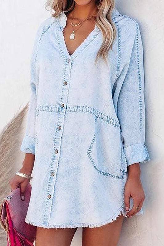 LIGHT DENIM pocketed chambray button down tunic for wholesale on Faire7