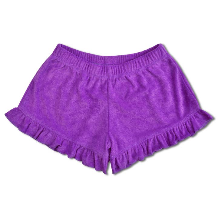 NEON PURPLE TERRY RUFFLE SHORTS (MEDIUM (10-12)) for wholesale by Iscream