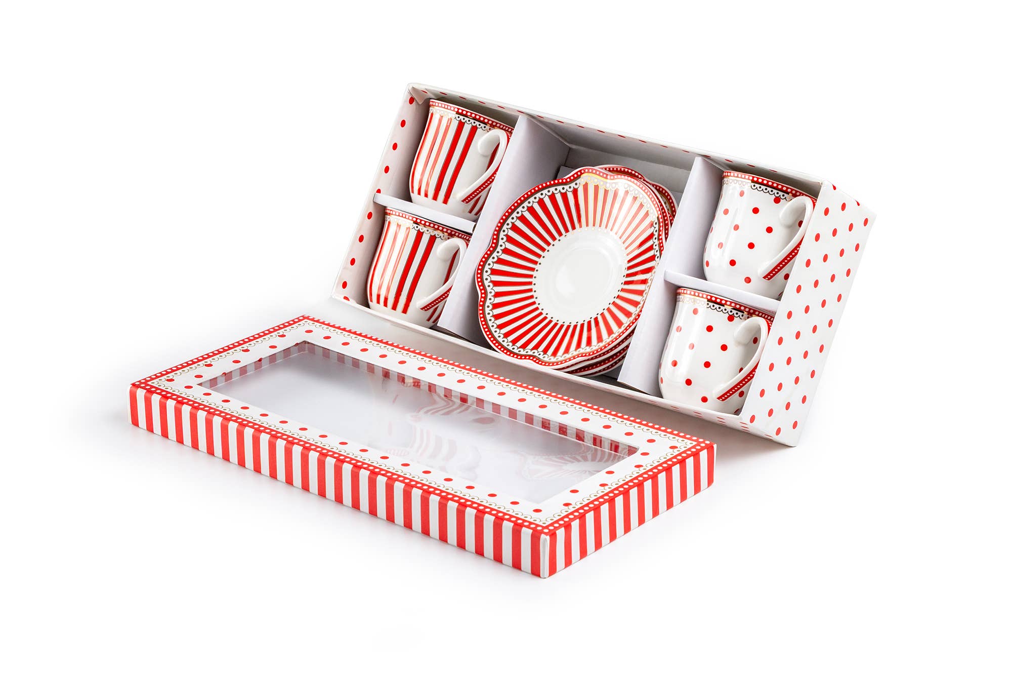 Grace Teaware - Wholesale Coffee/Tea Cup - Red Josephine Stripes and Dots 2oz Espresso Cups and Saucers